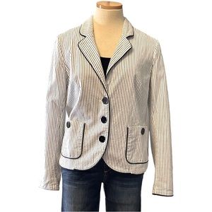 Lacoste Classic Stripe Seersucker Blazer Jacket, Navy Blue/White, size 42-Large